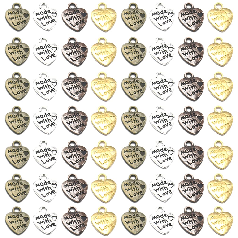 Houhounb Handmade Heart Pendant Made with Love Charm Heart Pendant Jewellery Beads for DIY Craft Jewellery Making Accessories Craft Decorations 12 x 10 mm 4 Colours 120 Pieces, Alloy, Bronze,Silver