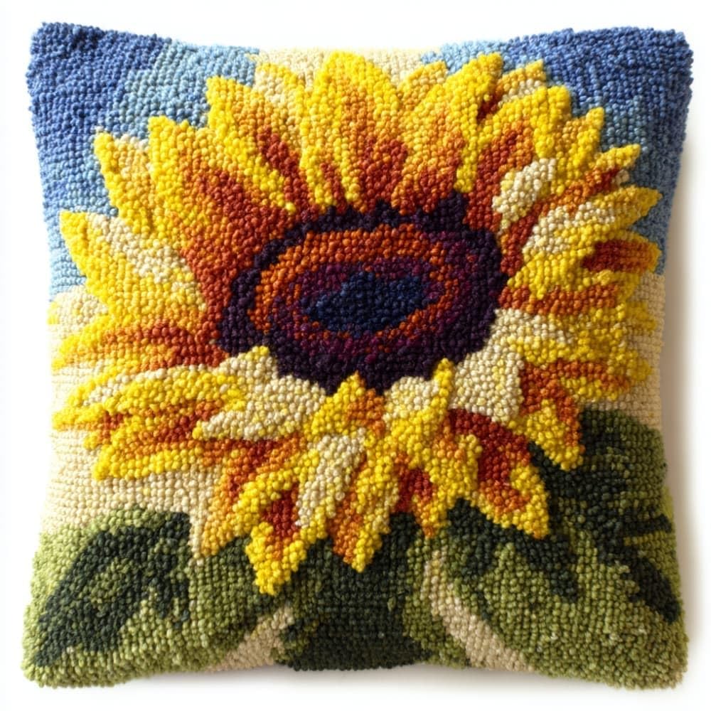 Taxpy Latch Hook Cushion Kits Sunflower Pillowcase Kits Embroidery Kit 17X17 Inch DIY Needlework Pillow Cover Sofa Cushion Rug Making