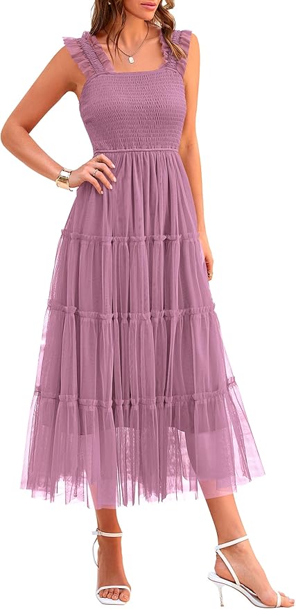 PRETTYGARDEN Women's Summer Tulle Midi Dress Sleeveless Smocked Ruffle Mesh Flowy Dresses Party Wedding Guest Sundress
