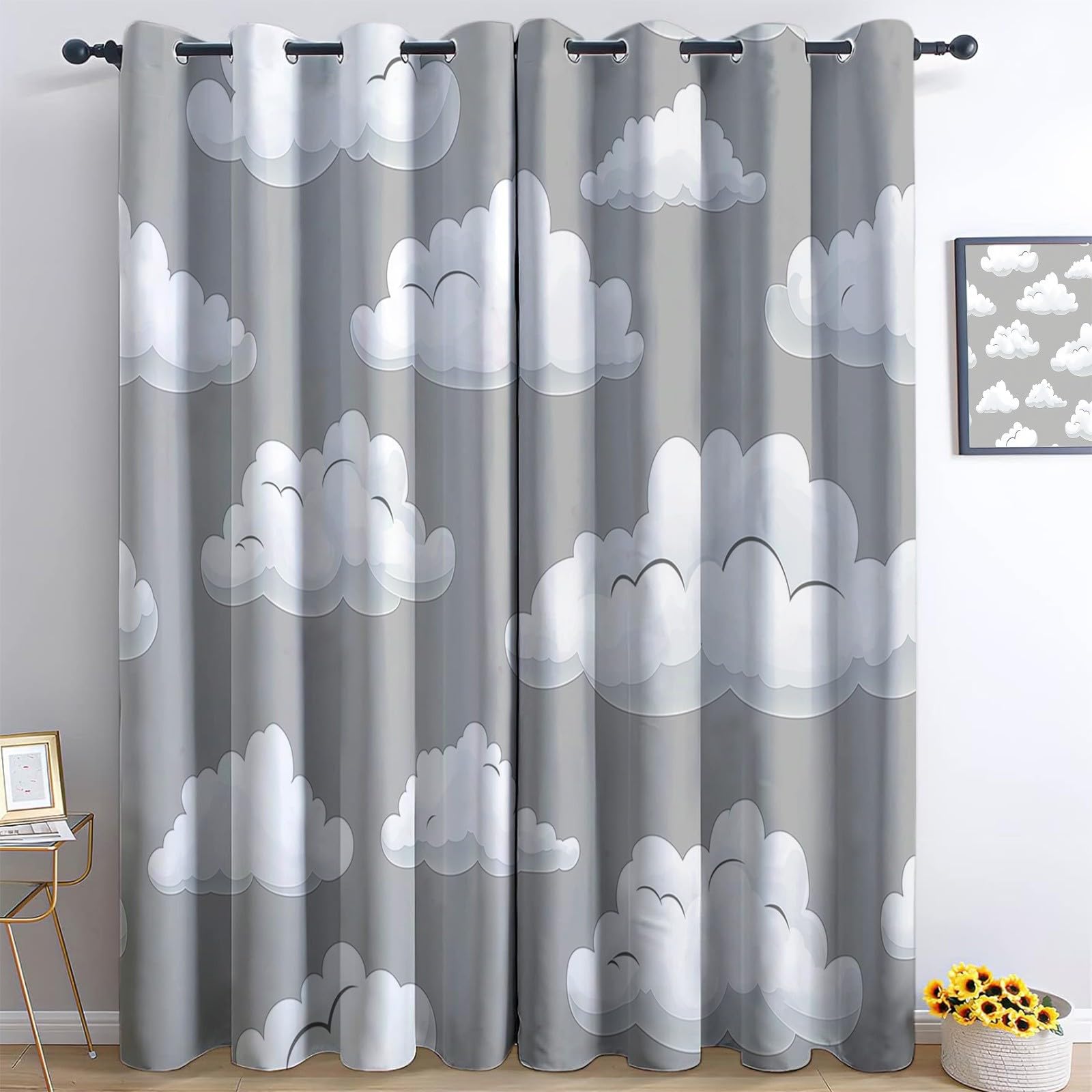 Générique Lot de 2 Rideaux 100% Occultants Gris, Rideaux de Fenêtre à Isolation ImpriméS à Nuages Rêve Simples pour Salon Chambre à Coucher Maison Bureau Draperies à Oeillets 110L x 215H cm