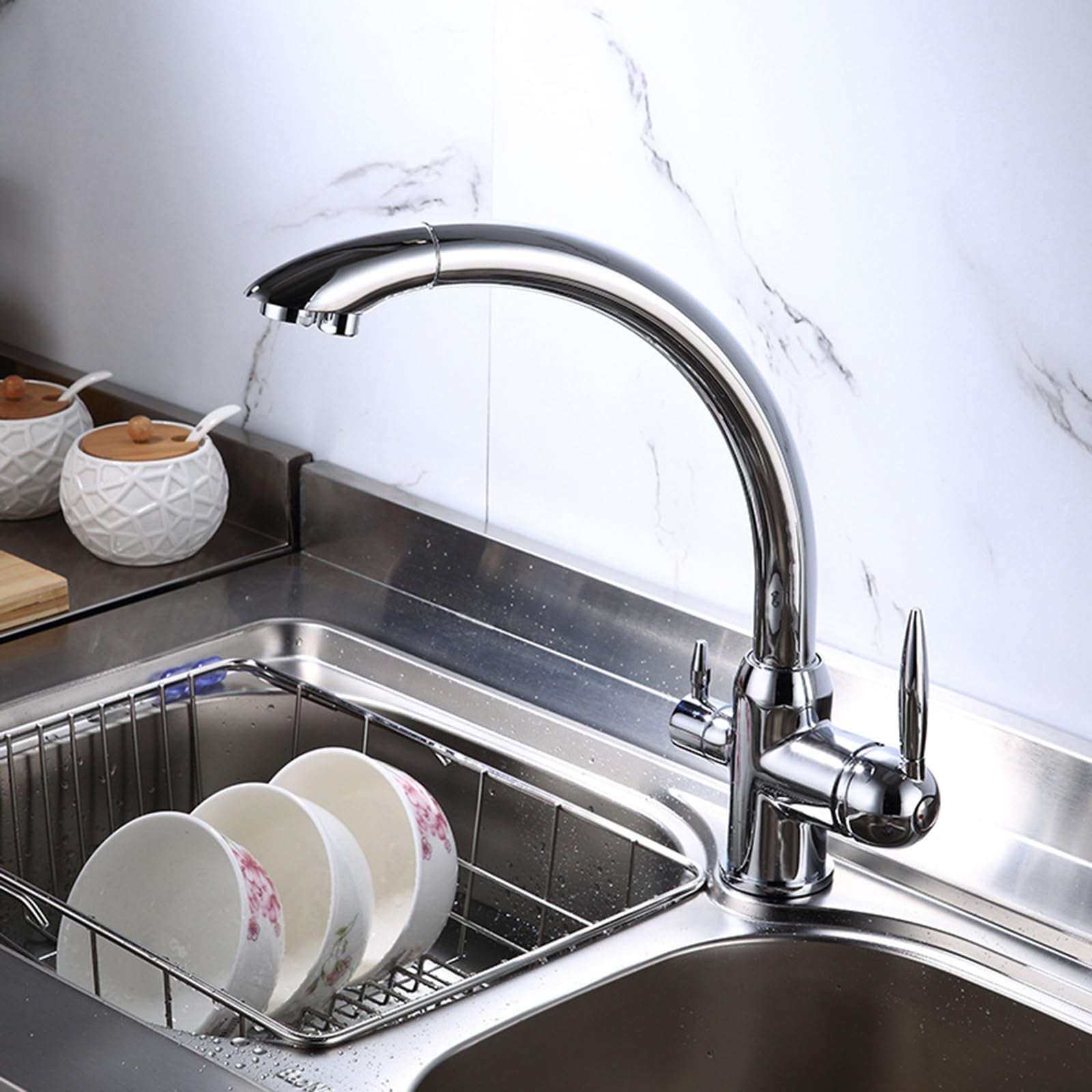 Grifo Cocina Fregadero de 3 Vías Osmosis Doble Palanca Caliente Y Fría Agua,Cromado
