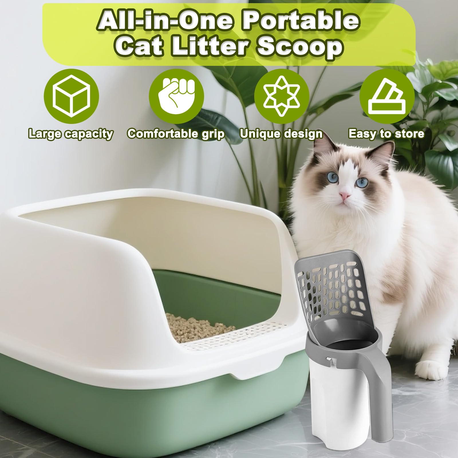 Pelle Litière Chat avec Support & Sacs Poubelles, Pelle Crottes Portable pour Animaux, Ramasse Déchets Gande Capacité, Accessoire pour Chat, Pelle Litiere Intégrée Multifonctionnelle