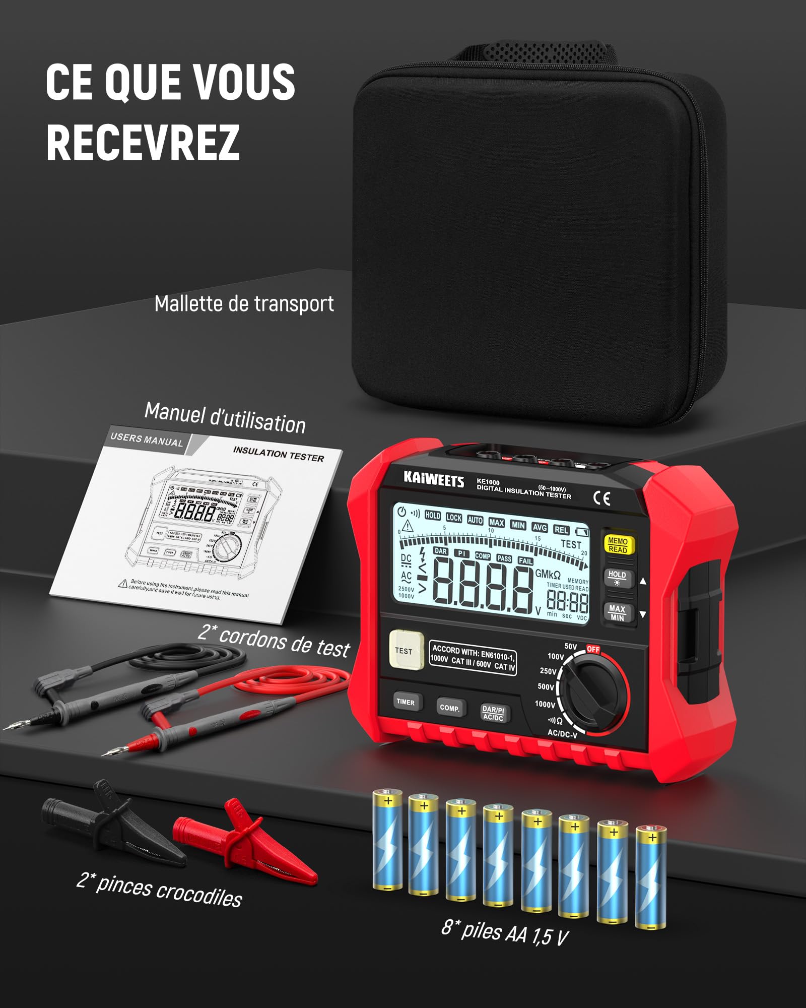 KAIWEETS Testeur de résistance d'isolement jusqu'à 100 GΩ 50 V/100 V/250 V/500 V/1000 V DAR/PI One Touch avec test de tension AC/DC pour moteurs solaires CVC