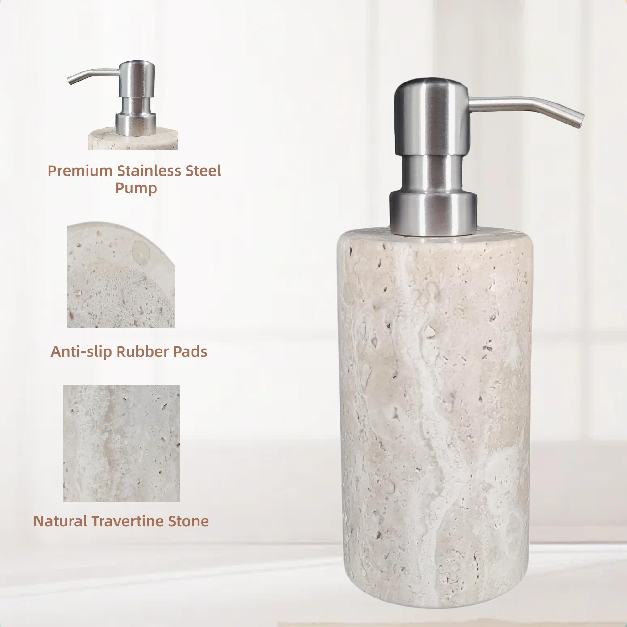 Dispensador de jabón de mármol travertino natural con bomba de acero inoxidable, botellas de jabón líquido de loción de mármol para cocina y baño