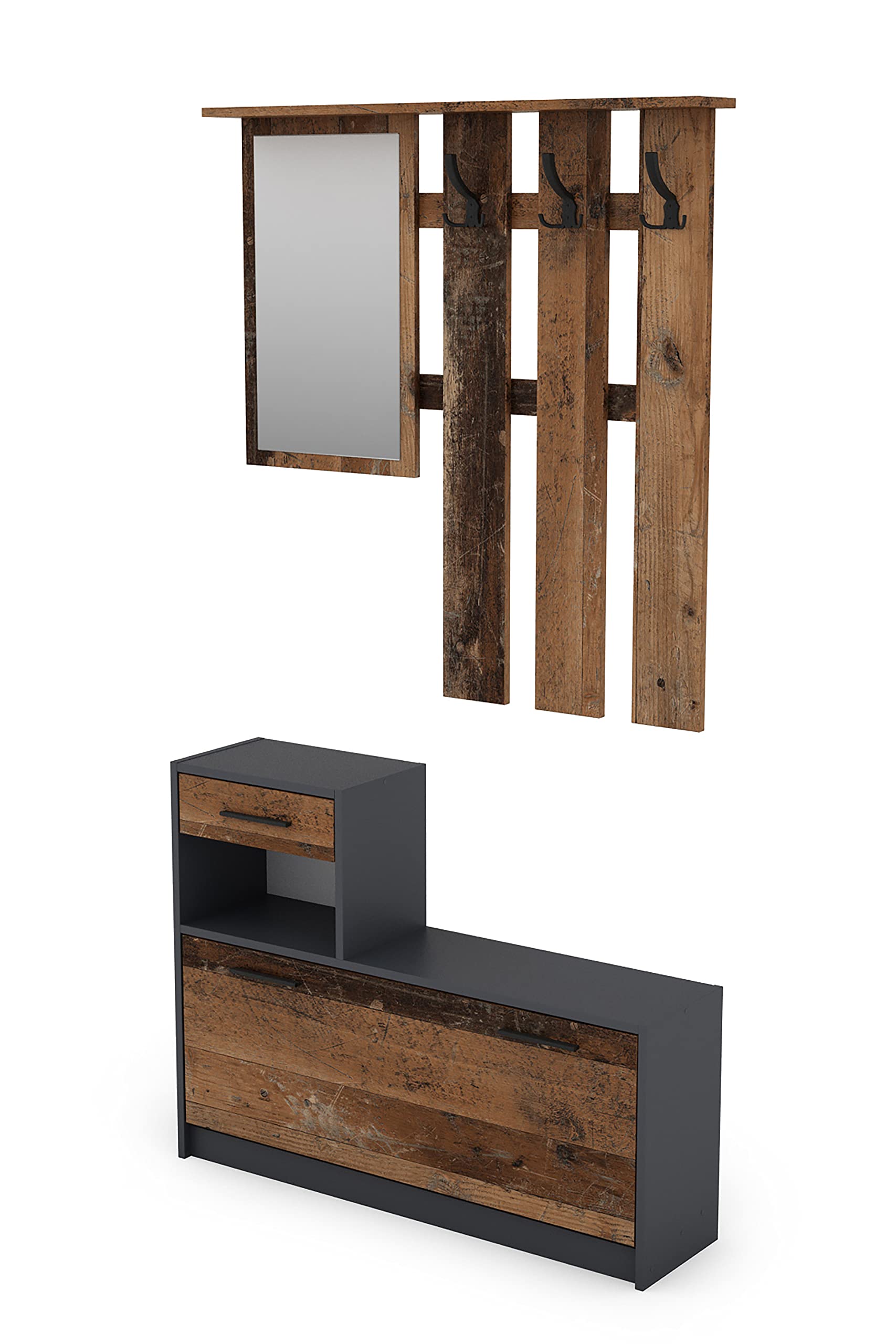 byLIVING Garderoben-Set Tamina/Kommode mit Schuhschrank + hängende Garderobe mit Spiegel/anthrazit Flur-Schrank/Schränke/Regal Braun-Old Style B 97, H 190, T 25 cm
