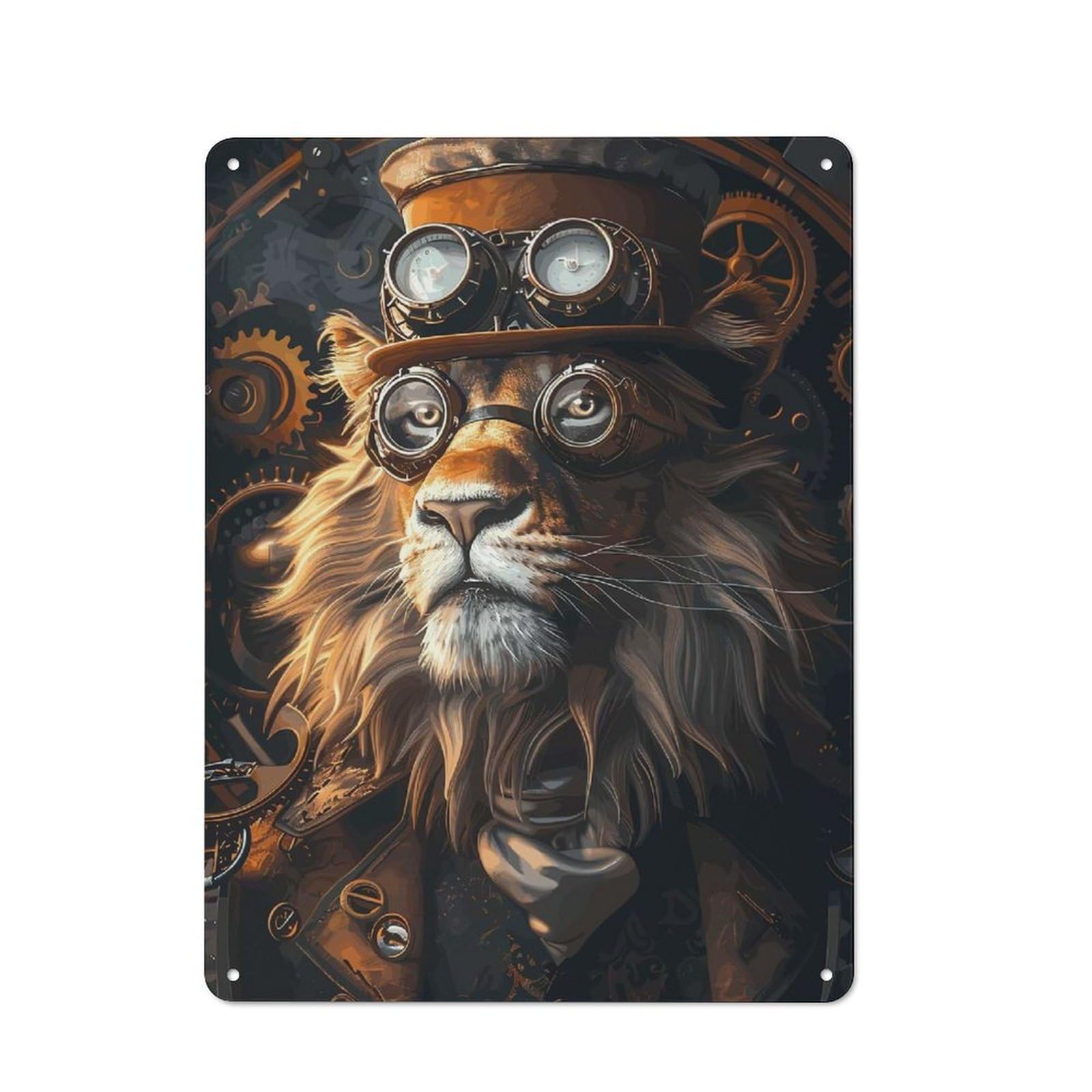 Steampunk Lion Animal Understated Metal Wall Decor 40x30cm, Decorative Metal Sign for Workspace, Cafe, Shop Or Desk Area