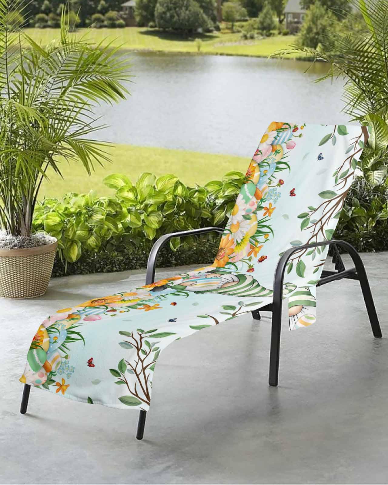 Watercolor Gnomes Beach Chair Towel Covers for Chaise Lounge with Side Pocket, Soft Plush Pool Towels Cover for Patio Sunbathing Outdoor 29''x85'' Eucalyptus Leaves Spring Flower Eggs