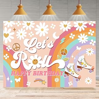 Let's Roll Backdrop for Girls Happy Birthday Roller Skating Theme Groovy Rainbow Floral Birthday Party Photography Background Bday Party Decorations Supplies Banner Photo Booth Props 7x5ft
