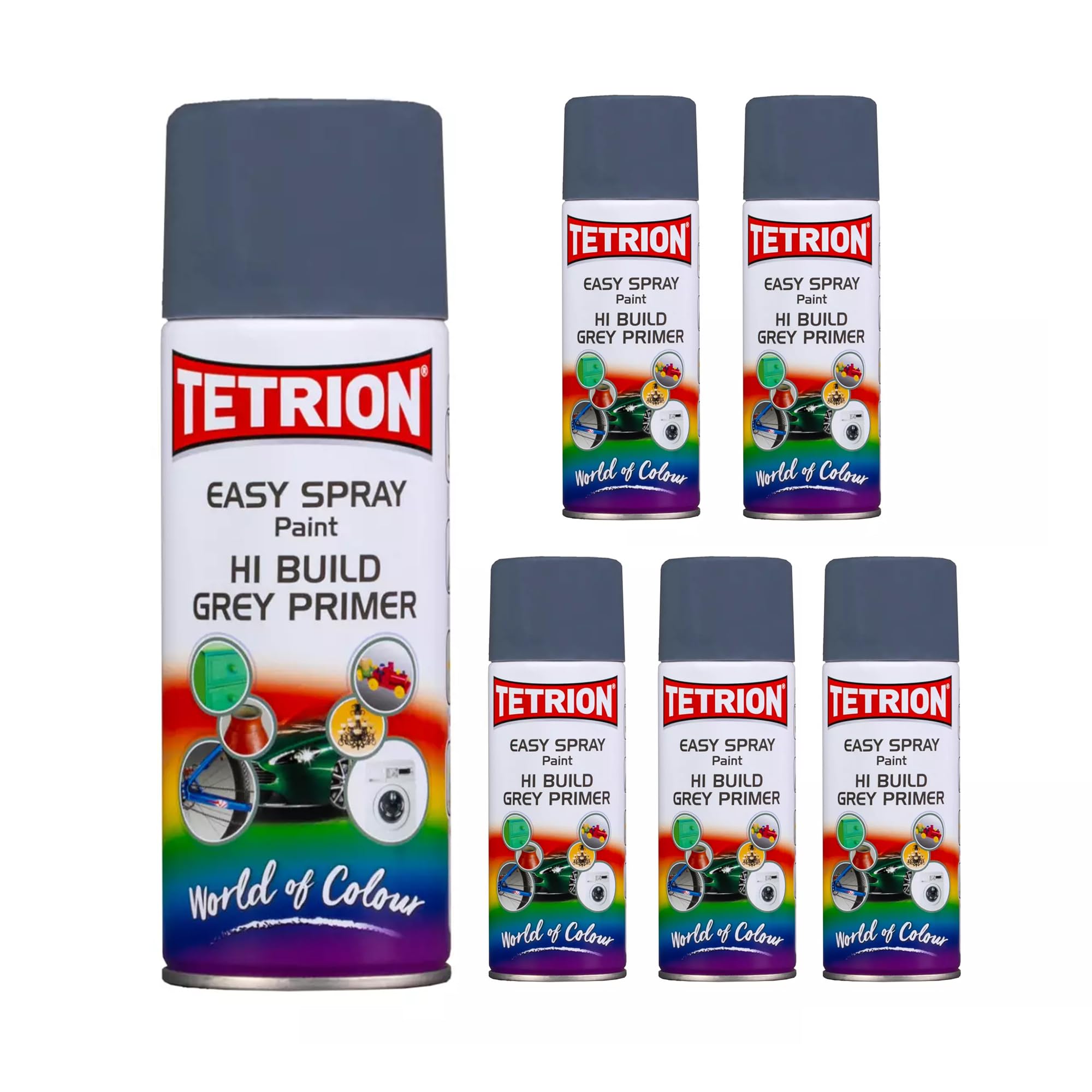 Tetrion Easy Spray Paint Primer - Hi-Build Gray Primer 400ml (Pack of 6) - Acrylic Spray Paint for Wood, Metal, Plastic, Ceramic &amp; More - Smooth Base Coat for Paint - Indoor &amp; Outdoor Use, 13.5 Oz