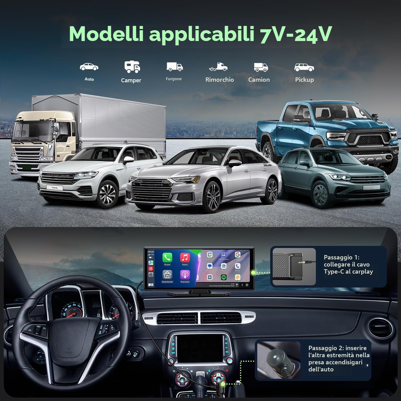 LAMTTO Schermo CarPlay Per Auto Portatile Carplay Wireless Android Auto 9,26" Touchscreen Autoradio Bluetooth Senza Fili Stereo con Mirror Link/Navigazione/Assistente Vocale/AUX/FM per Tutti i Veicoli