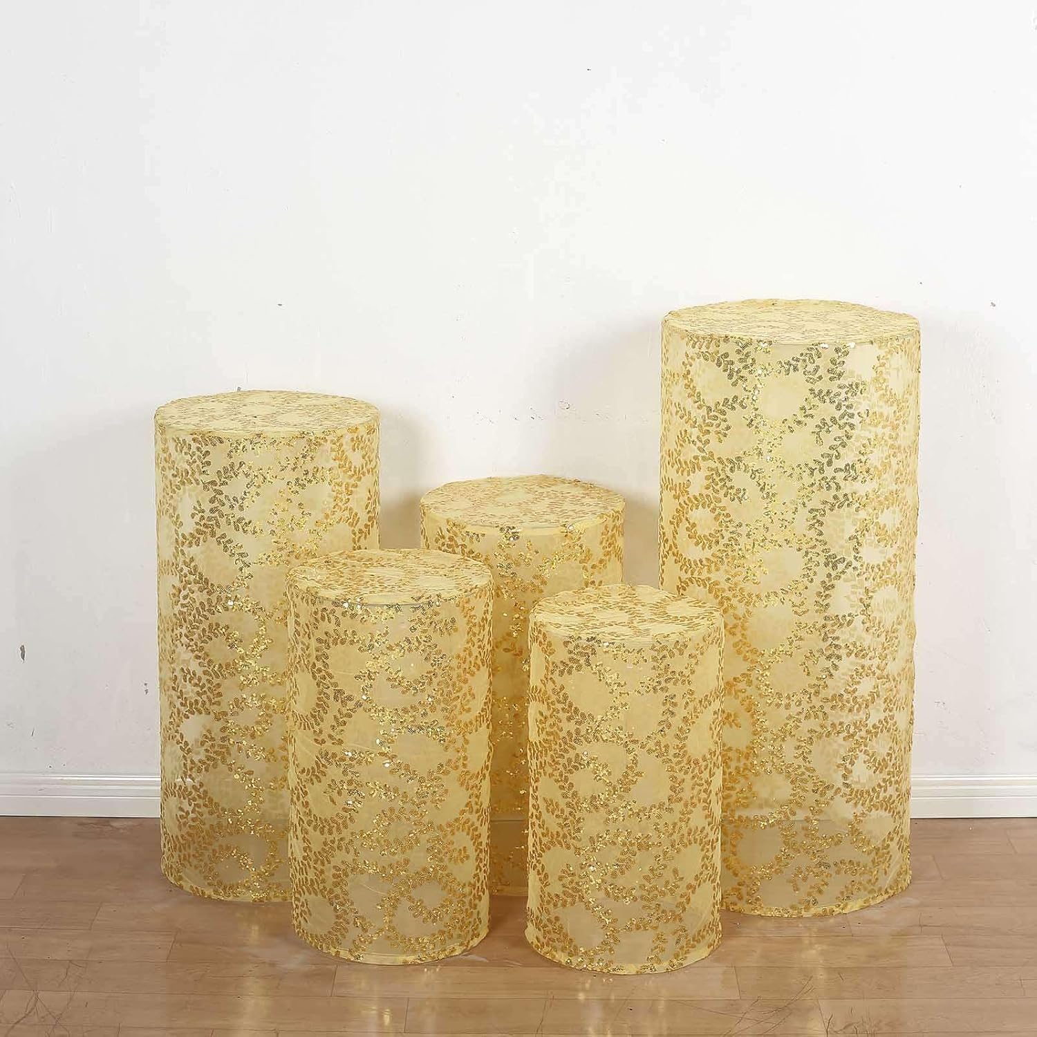 Efavormart Set of 5 Gold Sequin Mesh Cylinder Display Box Stand Covers with Leaf Vine Embroidery, Sparkly Sheer Tulle Pedestal Pillar Prop Covers