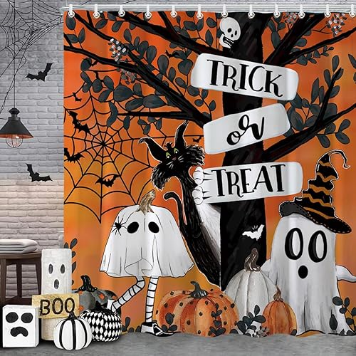 Baccessor Cortina de ducha de Halloween para baño, linda calabaza, fantasma, gato, truco o trato, cortinas de ducha de tela de poliéster, decoración