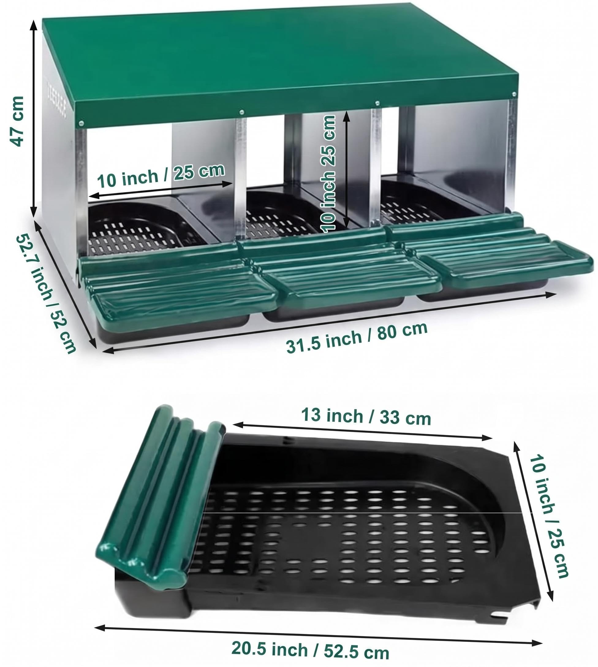 Garvee Nid à œufs en métal pour Poules – 3 Compartiments à Base inclinée & Ventilation, bac collecteur, Design abatible & Fixation Murale, Jusqu’à 15 Poules, Vert