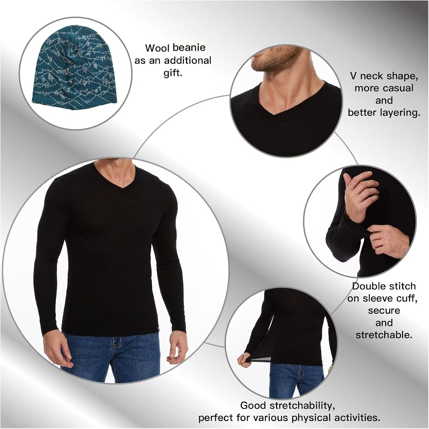 MERINNOVATION Merino Wool Base Layer Mens - 100% Merino Wool Shirts for Men Lite - Midweight Long Sleeve V Neck T-Shirt - Image 3