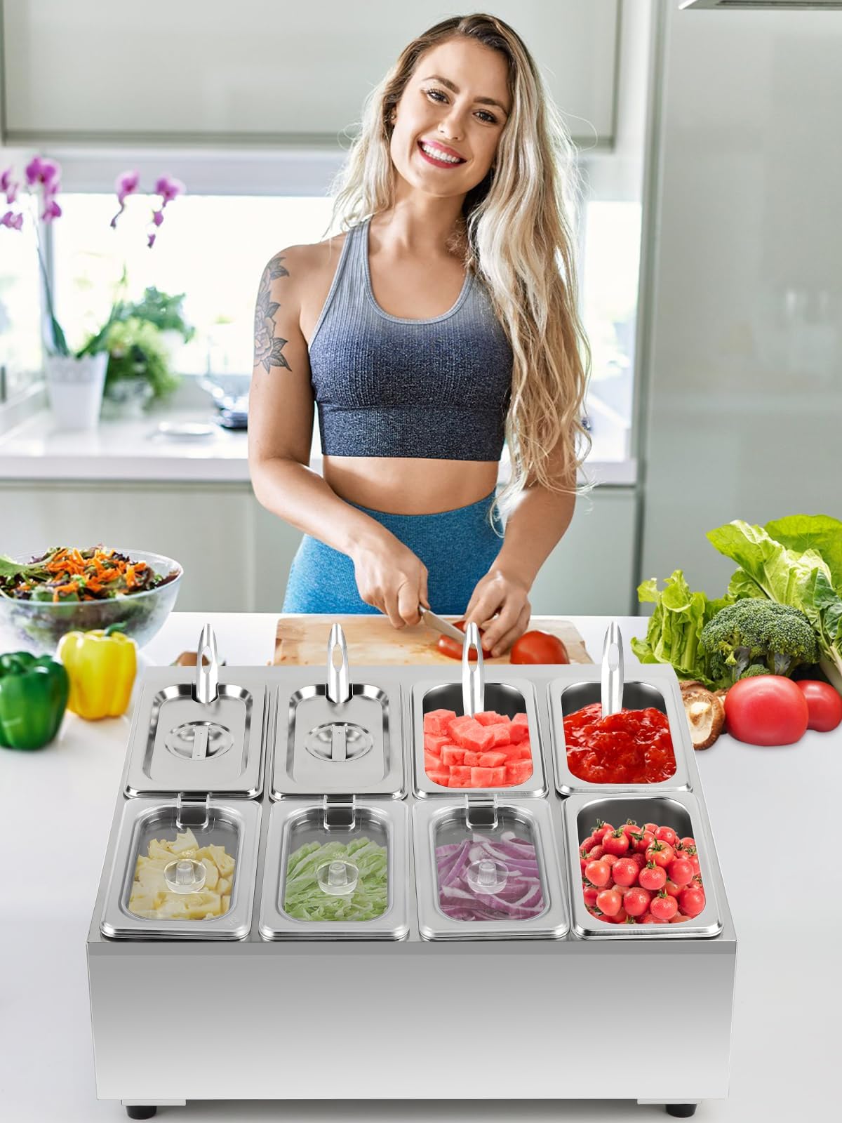 TOROKOM Contenitore per pizza, in acciaio inox, con coperchio, cucchiai, supporto inclinato per buffet, salse, marmellate, frutta, ingredienti da cucina (2 file e 8 padelle)