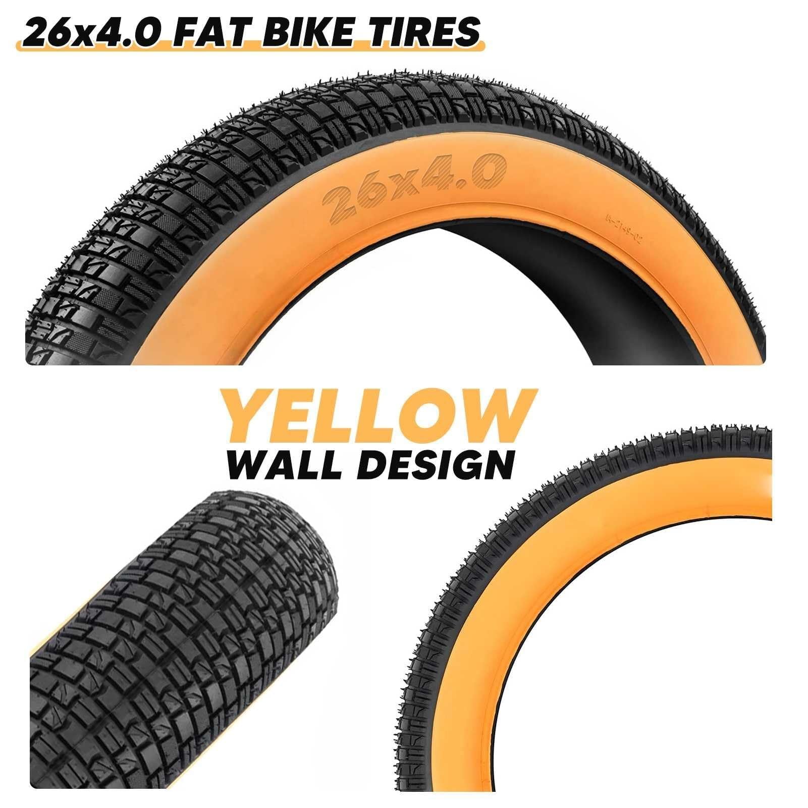 26x4.0 Opona Fat Bike z Żółtym Bokiem 26-4.0 Wzór Kierunkowy All-Terrain i 26 4.0 Guma Wysokiej Gęstości dla E-Bike, MTB, Motocykla Śnieżnego i Trójkoła Plażowego