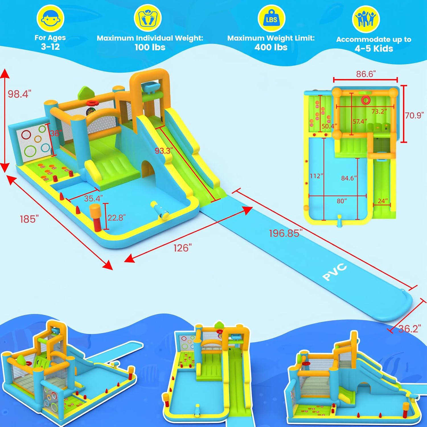 17-in-1 Water Slide Bounce House w/Extended Water Slip, Bodyboards & Water Guns, 15.4x11FT Large Golf Water Park w/Dartboard/Ring Toss/Boxing Game/Basketball Hoop/Tunnel/Water Bucket/Water Cannon/Pool