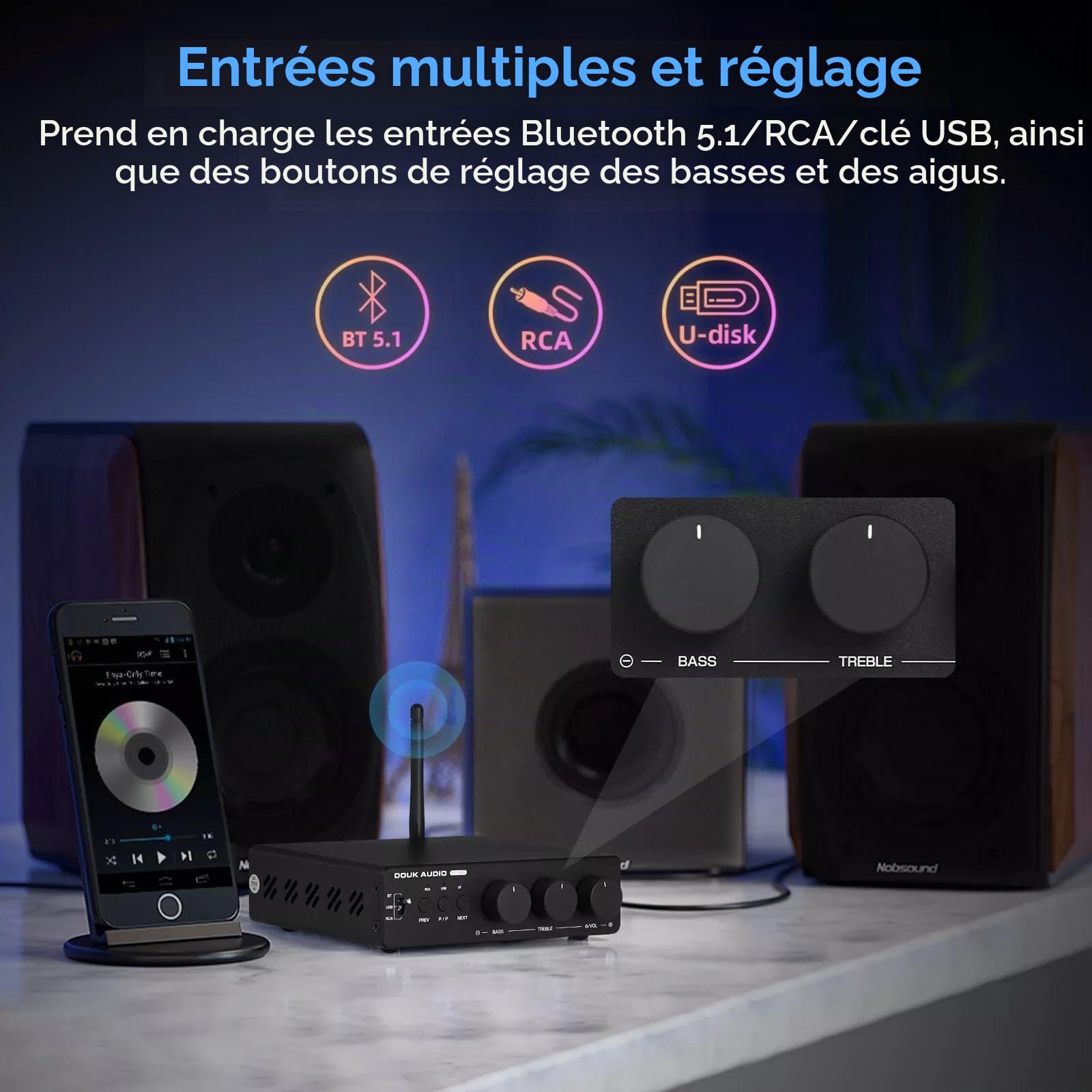 Nobsound HiFi TPA3255 Amplificateur de Puissance Récepteur Bluetooth Maison Amplificateur stéréo Lecteur de Disque U (M1 Max)