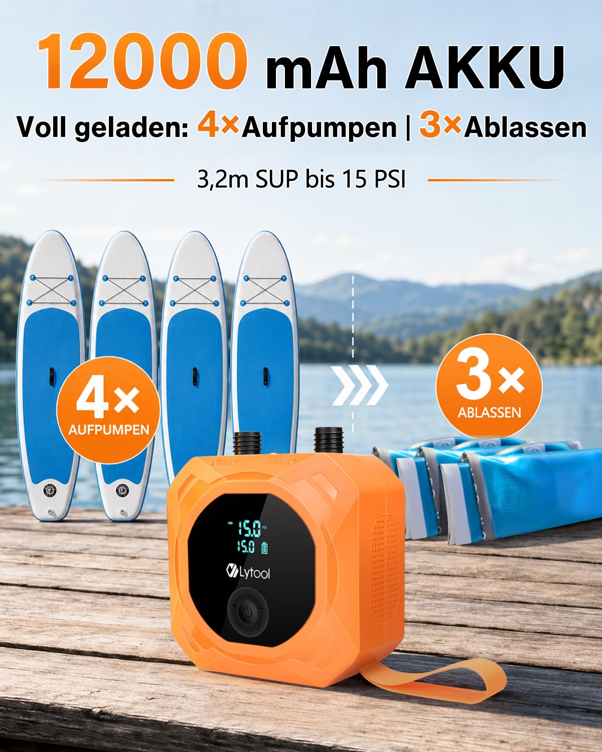 Elektrische SUP Pumpe (optional mit Akku / 12V KFZ-Anschluss) - Lytool 50 PSI Hochdruck Kombi-Luftpumpe mit Auto-Off für Stand Up Paddle Boards, Boote, Kajaks, Auto- und Fahrradreifen