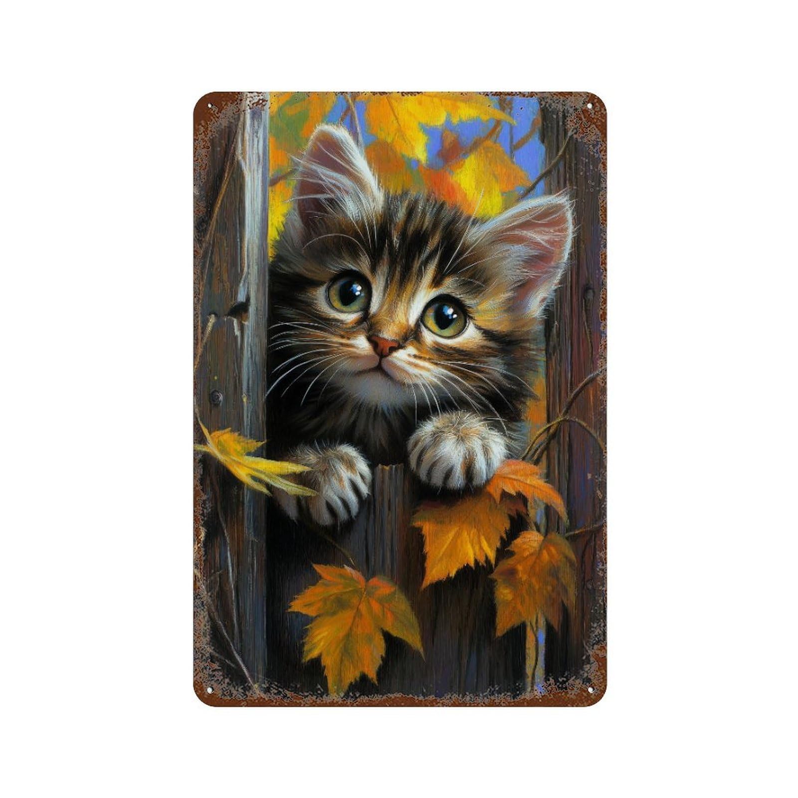 Autumn Kitten Fence Painting 11.8"x7.9" Retro Metal Sign, Shabby Chic Decor for Garage, Bar And Workshop Decor
