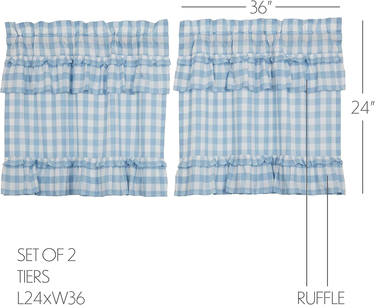 VHC Brands Annie Buffalo Check 4 PC Dusk Blue Ruffled Curtain Set (2 Swag 36x16 and 2 Tier 24x36)