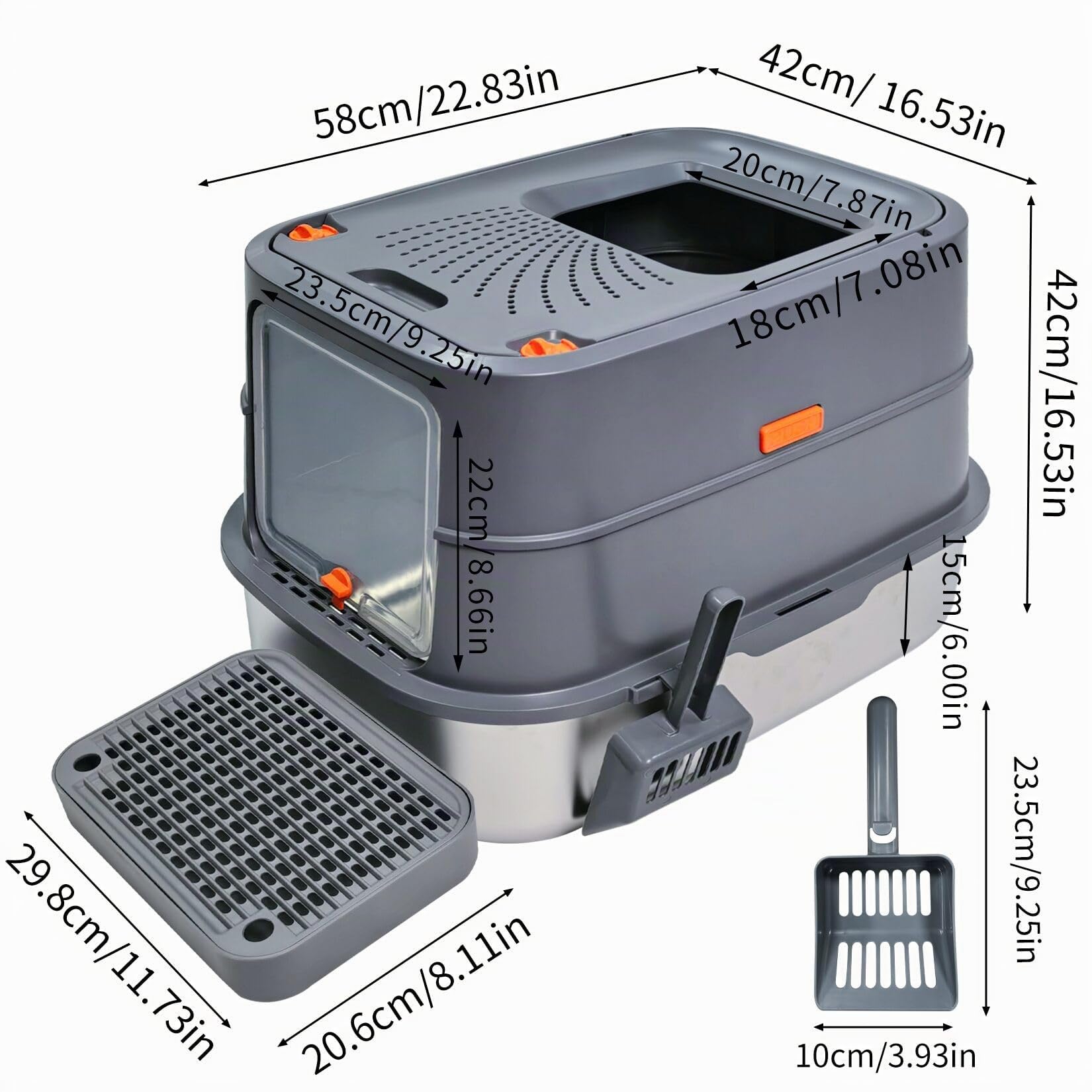 BingoPaw Arenero Gatos Acero Inoxidable Caja de Arena para Gatos Cerrado Grande Metal Extraíble Litter Box Anti-Fugas, Sin Olor, Fácil de Limpiar Cat WC con Pala y Cernidor 58x42x42cm, Gris
