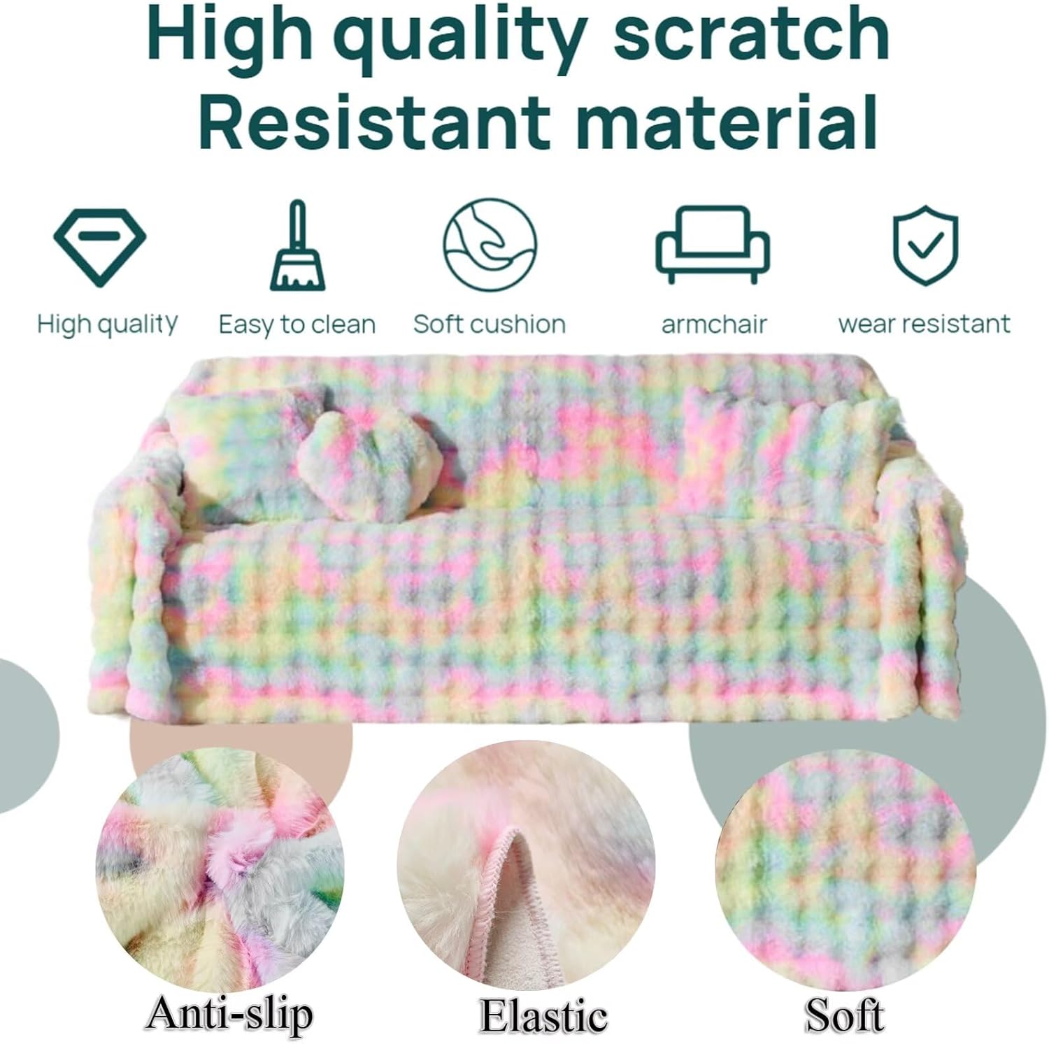 3D Bubble Mat Faux Fur Couch Cover,Thick Faux Rabbit Fur Couch Cover,L Shaped Sofa Slipcovers for Home Decoration and Dogs,Cats(Rainbow, 71" x 134")