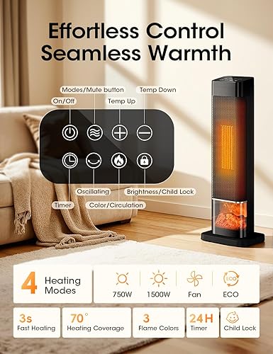 Miniatura 4 de Manastin Calentador eléctrico de 24 pulgadas para uso en interiores, calentador de espacio oscilante con control remoto, efecto chimenea,