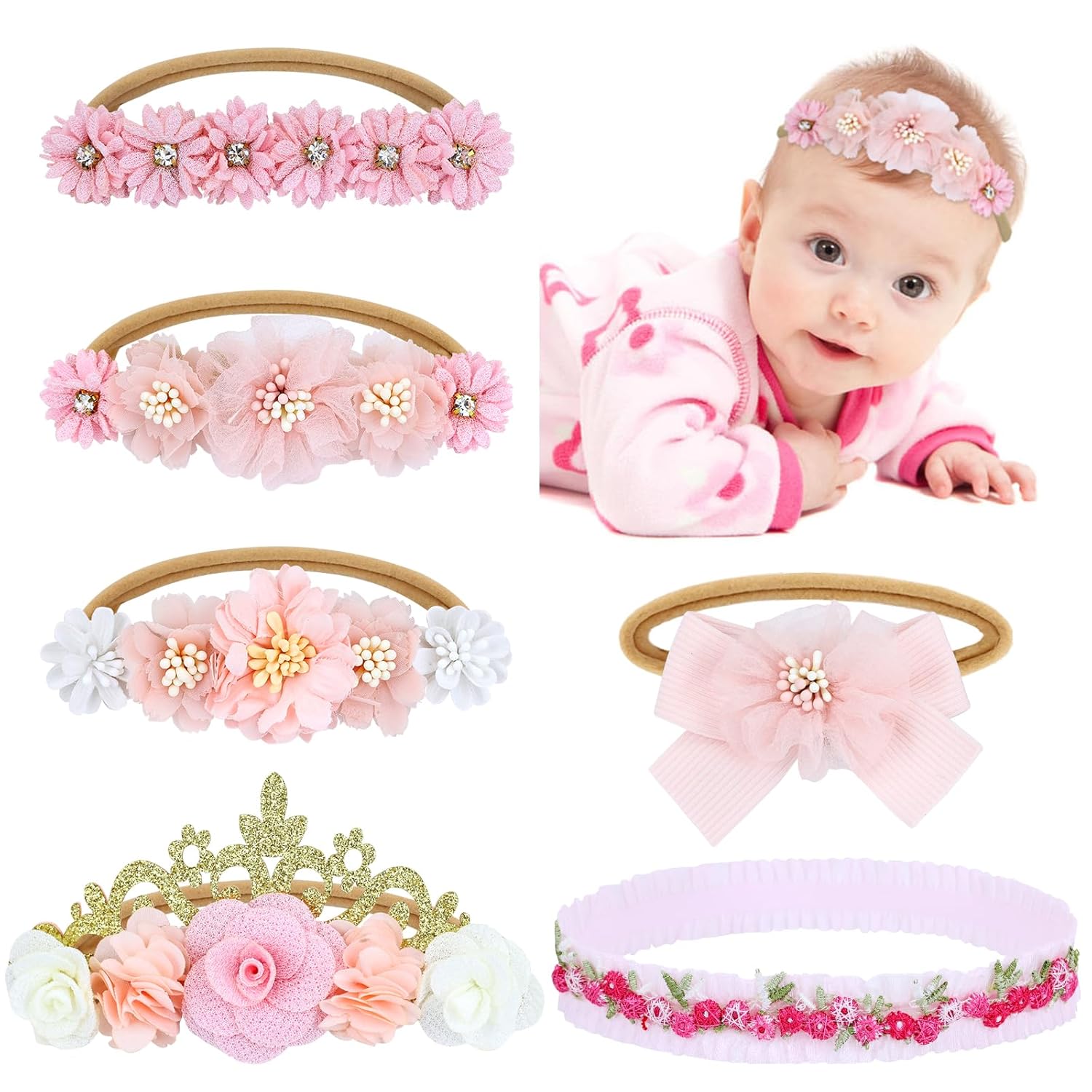 6 Pieces Super Soft Stretchy Pink White Baby Girl Bow Flower Nylon Headbands Floral Lace Headbands Hair Accessories for Newborns Infants Toddlers Girls Kids