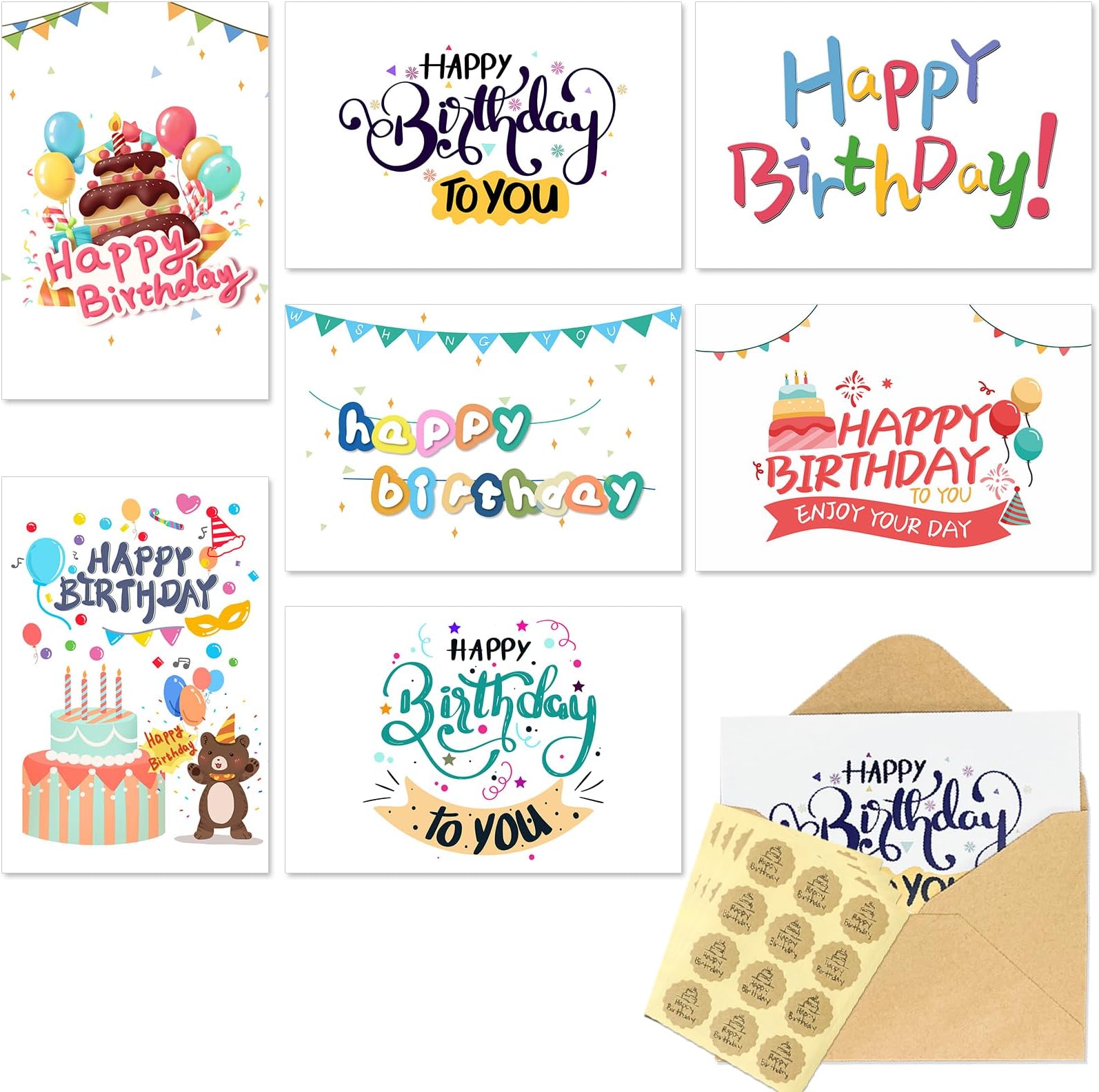 35 Pack Happy Birthday Cards - Bulk Set Includes 7 Unique Designs, 4 x 6 Inches for Mom, Teacher, Students, Kids & Loved Ones For Their Special Day,Craft Paper Envelopes and Labels Included