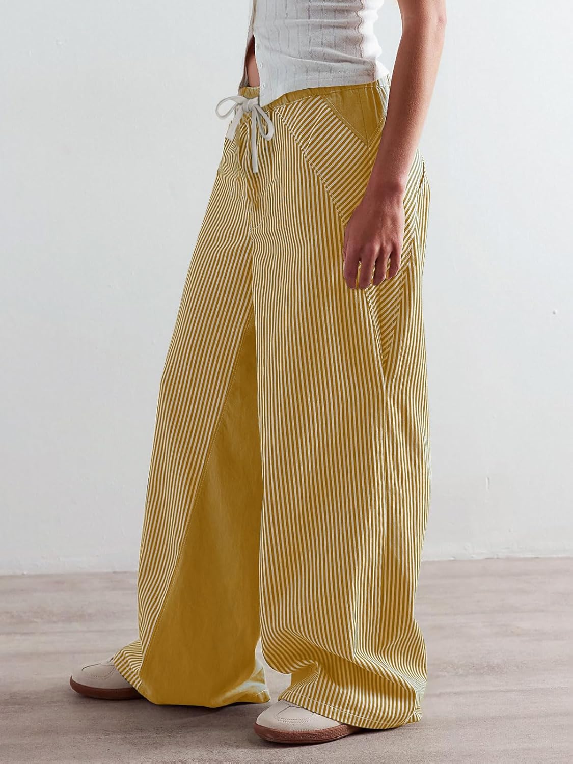 Womens Low Waist Stripe Sweatpants Casual Wide Leg Drawstring Cotton Denim Pants Yellow and White - Image 2
