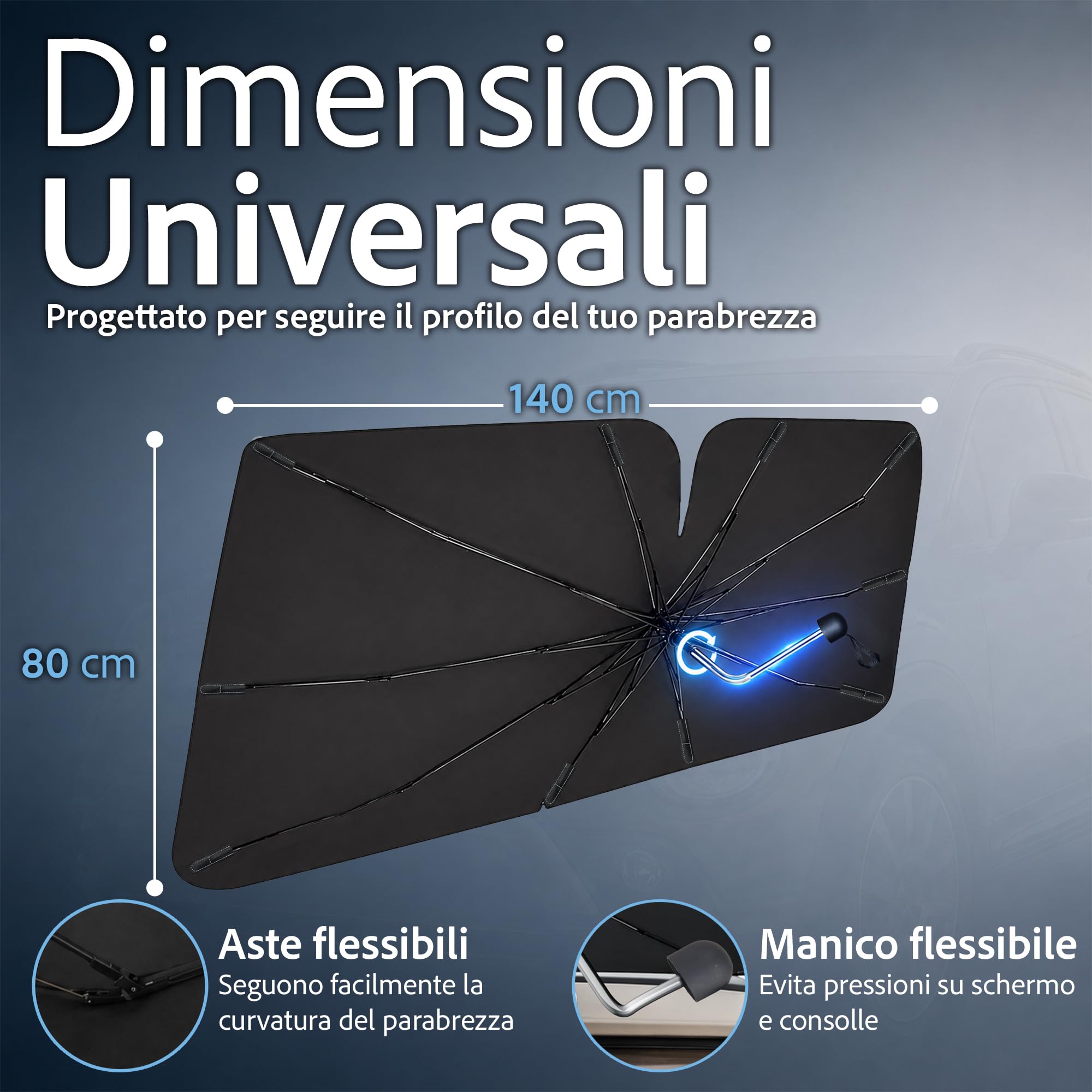 Ombrello Parasole Auto 140x80cm, Parasole Auto Parabrezza Interno con Aste In Fibra Ossea Ultra Flessibili e Manico Pieghevole 360°, Parasole Per Auto, SUV, Camion Piccoli e Medi