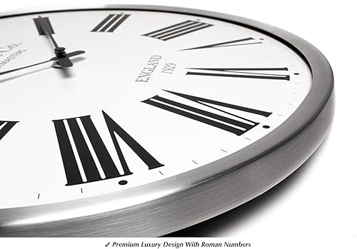 Miniatura 4 de HARRIS & CO. CLOCKMASTERS Reloj de pared de lujo premium de 13 pulgadas, diseño romano, marco de metal y vidrio curvo, (tecnología silenciosa