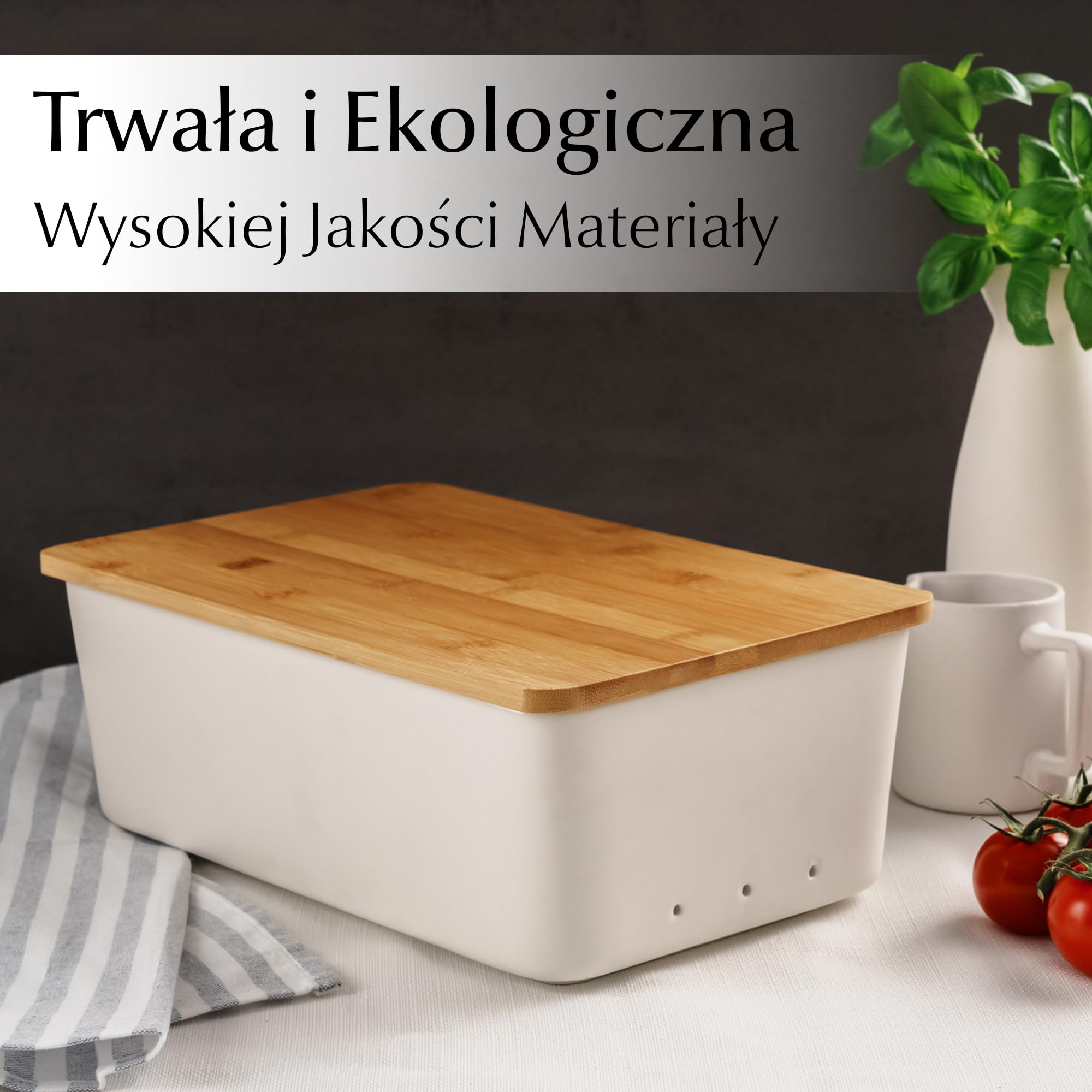 MIAMIO – Pojemnik na Chleb do Blatu Kuchennego/Ceramika Pojemnik na Chleb z Deską do Krojenia, z Bambusową Pokrywką, 32 x 20 x 11,5 cm (Biały)