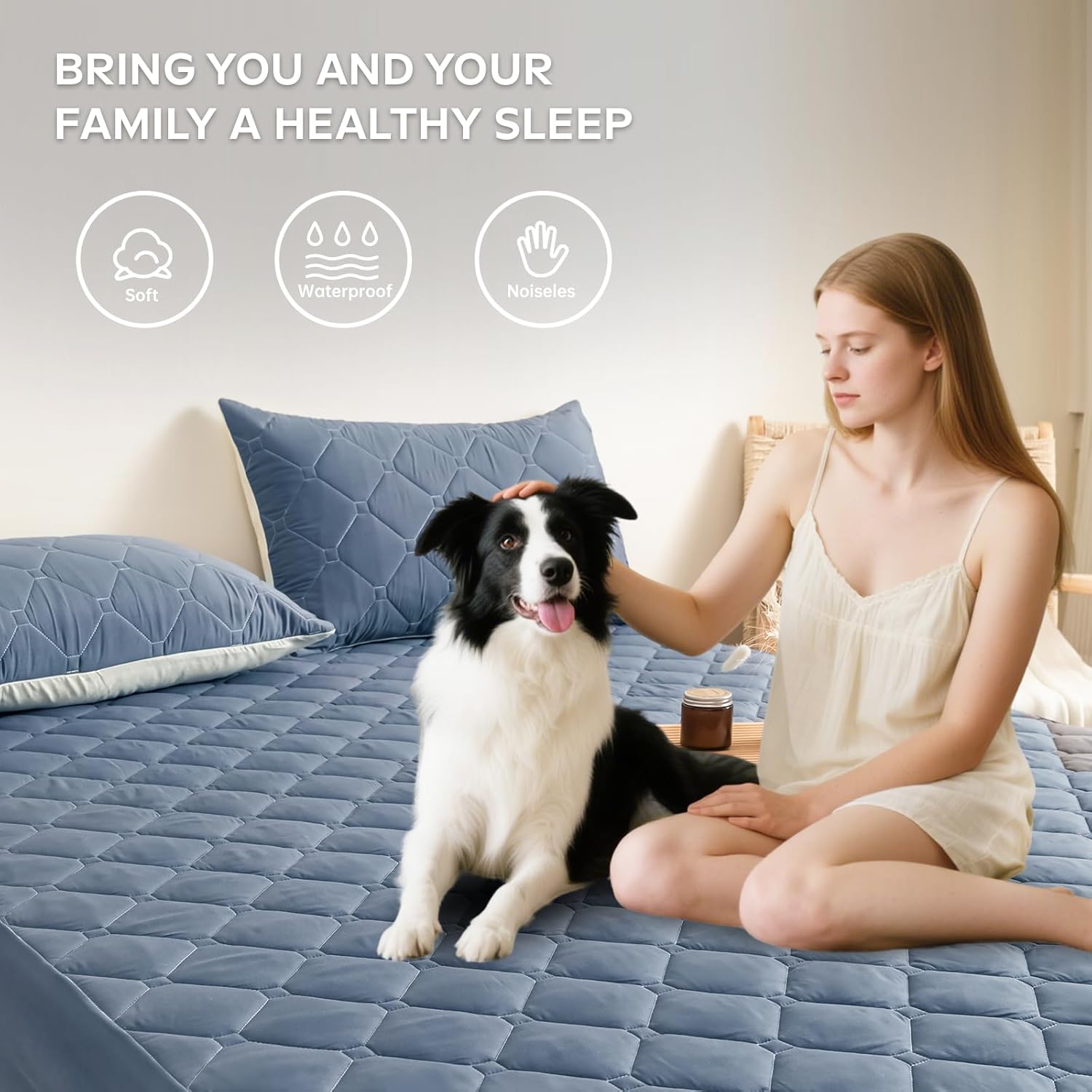 Waterproof Mattress Protector King Size, Quilted Fitted Mattress Cover with 17" Stretchable Deep Pockets - Elastic Edges, Machine Washable (1 Pcs Mattress Pad + 2 Pcs Pillowcases) (Blue)