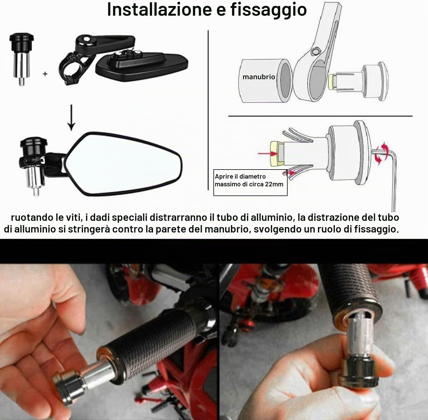 Specchietti retrovisori universali per moto da 7/8 pollici, in alluminio CNC, con lente convessa HD, adatti per manubri cavi (vetro bianco)