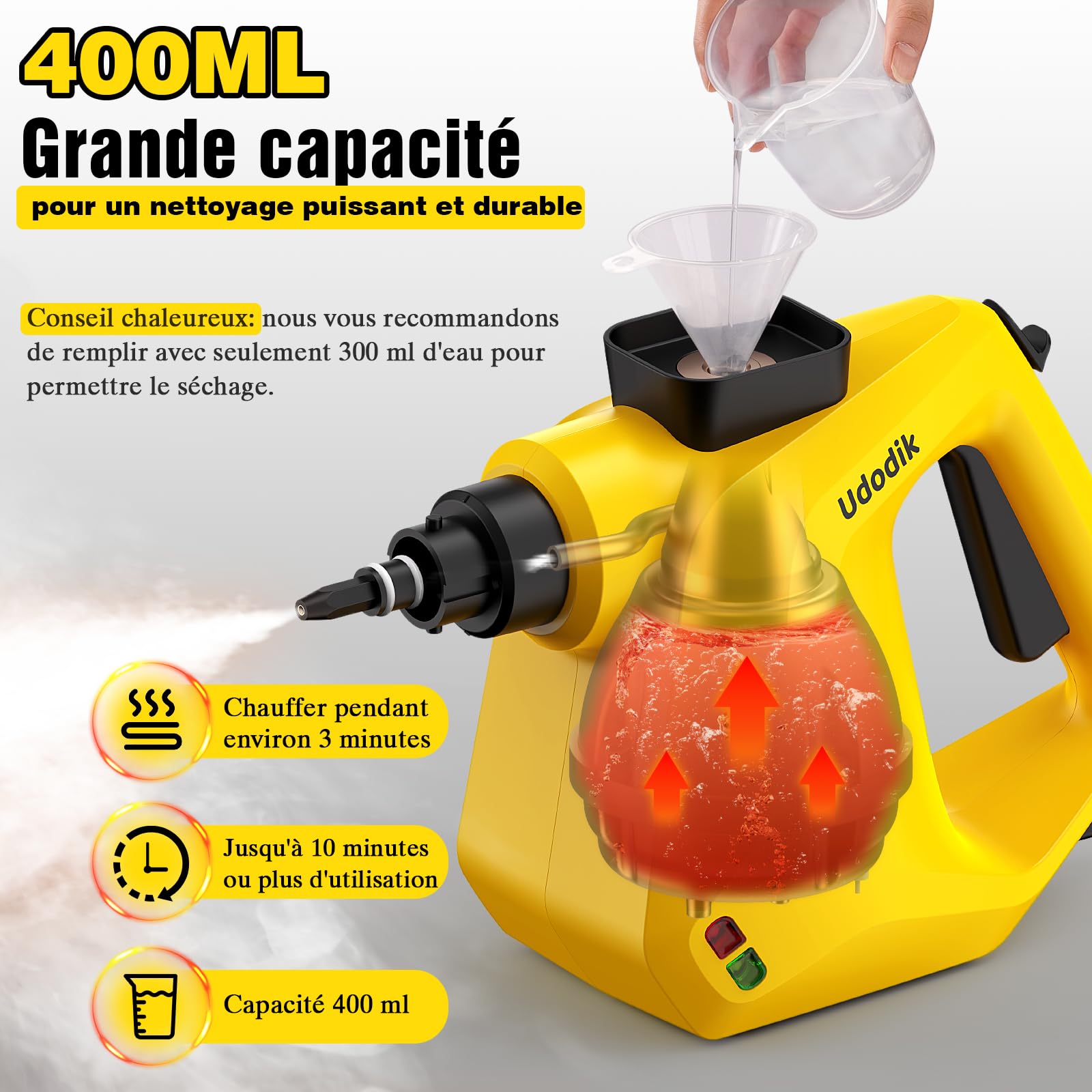 Nettoyeur vapeur portable pour la maison, multi-usages avec 10 accessoires pour tapis, rideaux, canapés, cuisine, punaises, salle de bain et plus encore (yellow)