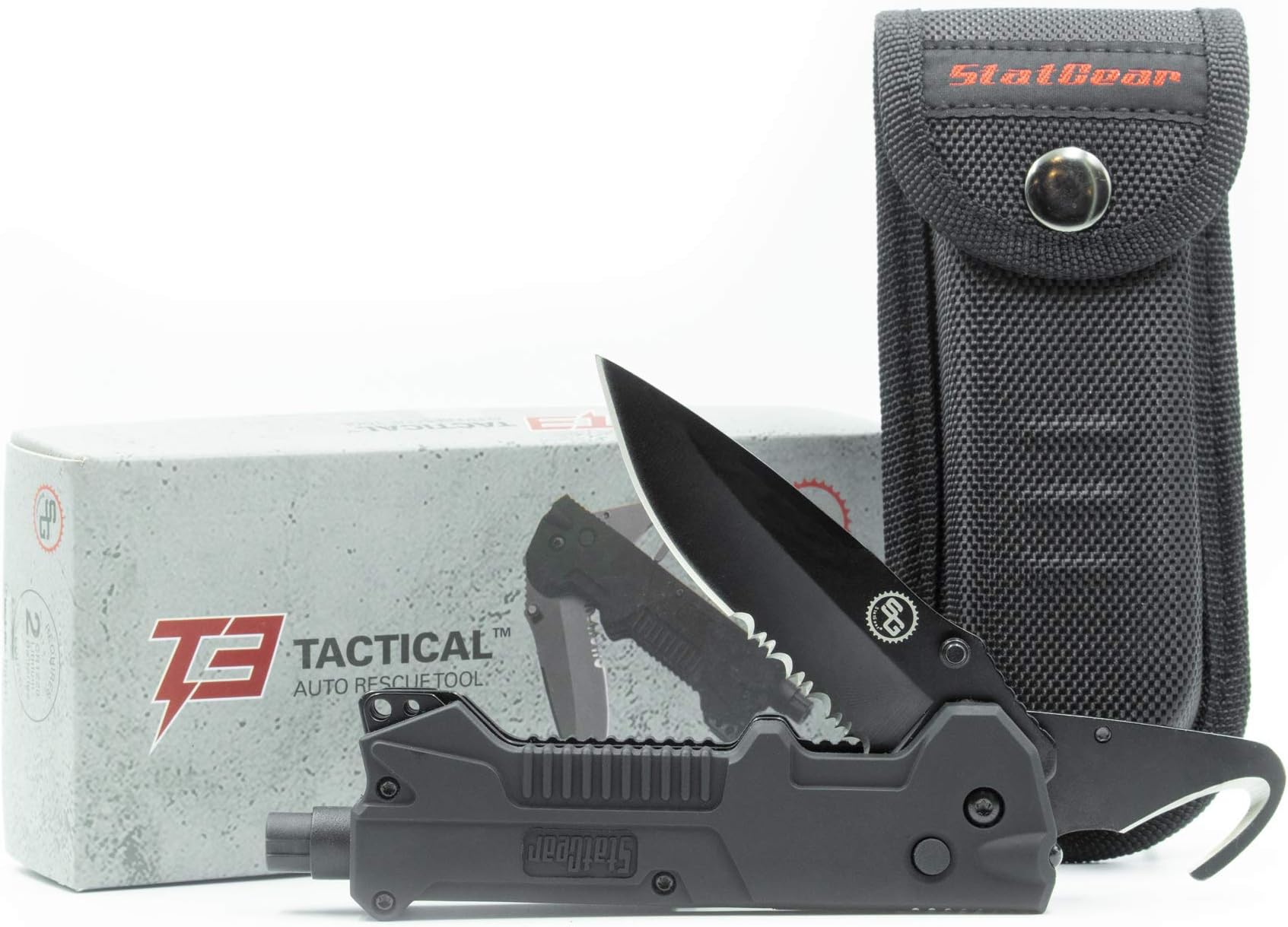 T3 Tactical Auto Rescue Tool - Folding Rescue Knife, Glass Window Breaker, Seatbelt Cutter, Molded Grips, LED Light, Sheath