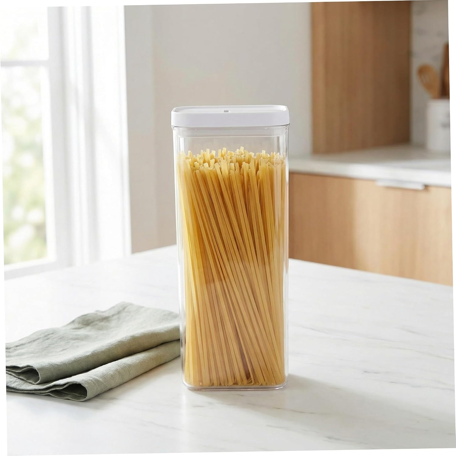 KICHOUSE Airtight Pasta Container 1800ml with White Lid Large Noodle Storage Canister Food-grade Kitchen Pantry Organizer for Dry Spaghetti and Pantry Organization