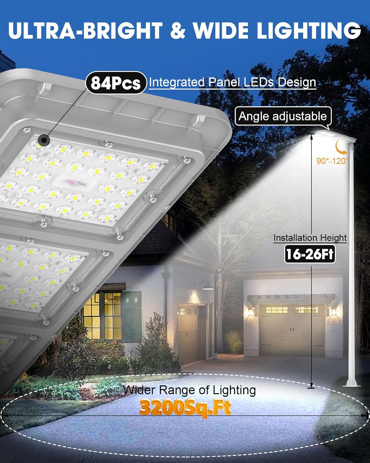 12000W Solar Street Light Outdoor Waterproof, Flood Light Dusk to Dawn with 60,000mAh LiFePO4 Battery & Motion Sensor, LED Security Lights Solar Powered for Parking Lot/Yard/Garage (8+ Years Lifespan)