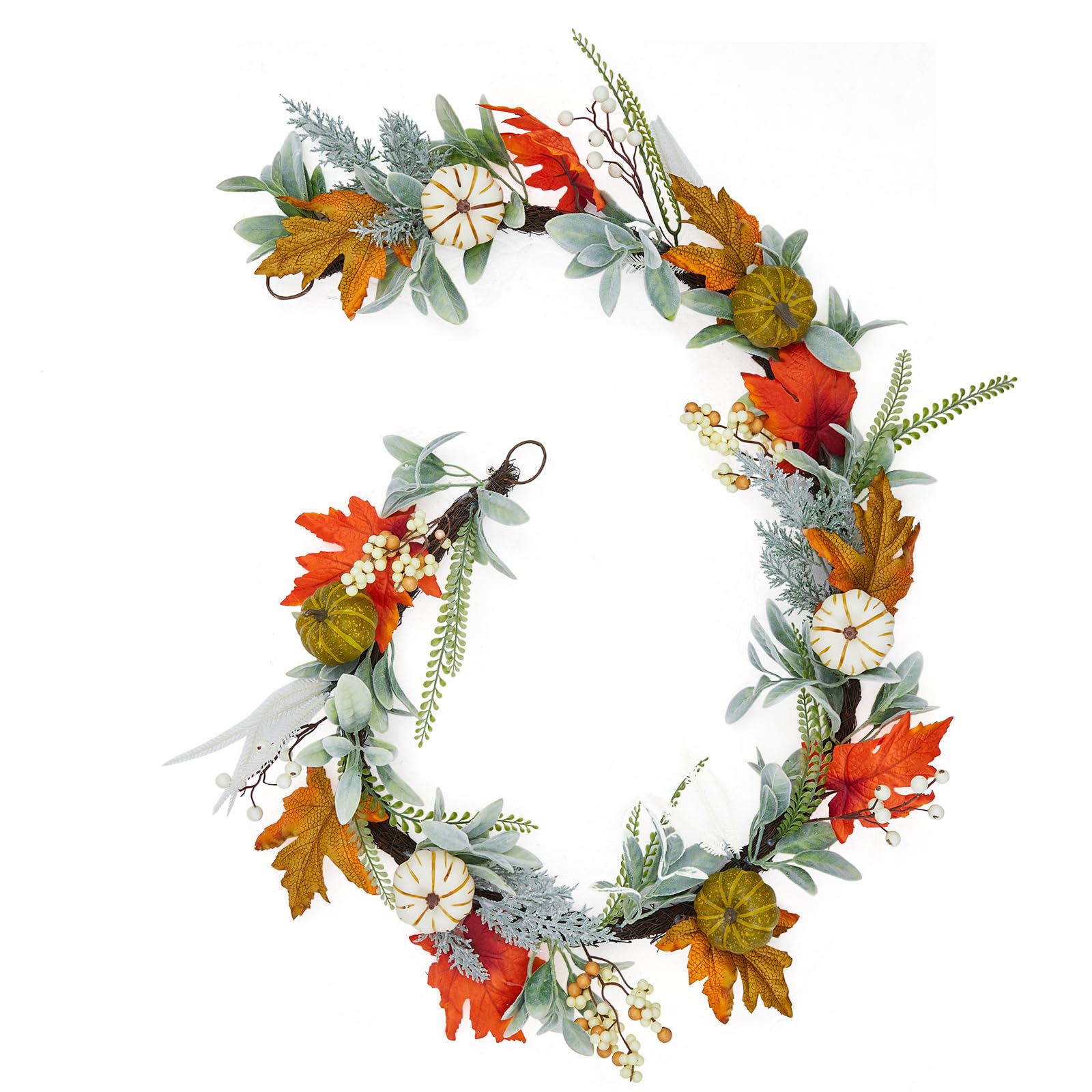 Adeeing6 Ft Fall Garland, Autumn Pumpkin Garland with Maple Leaves Berries for Indoor Outdoor Thanksgiving Table Mantle Fireplace Home Decorations