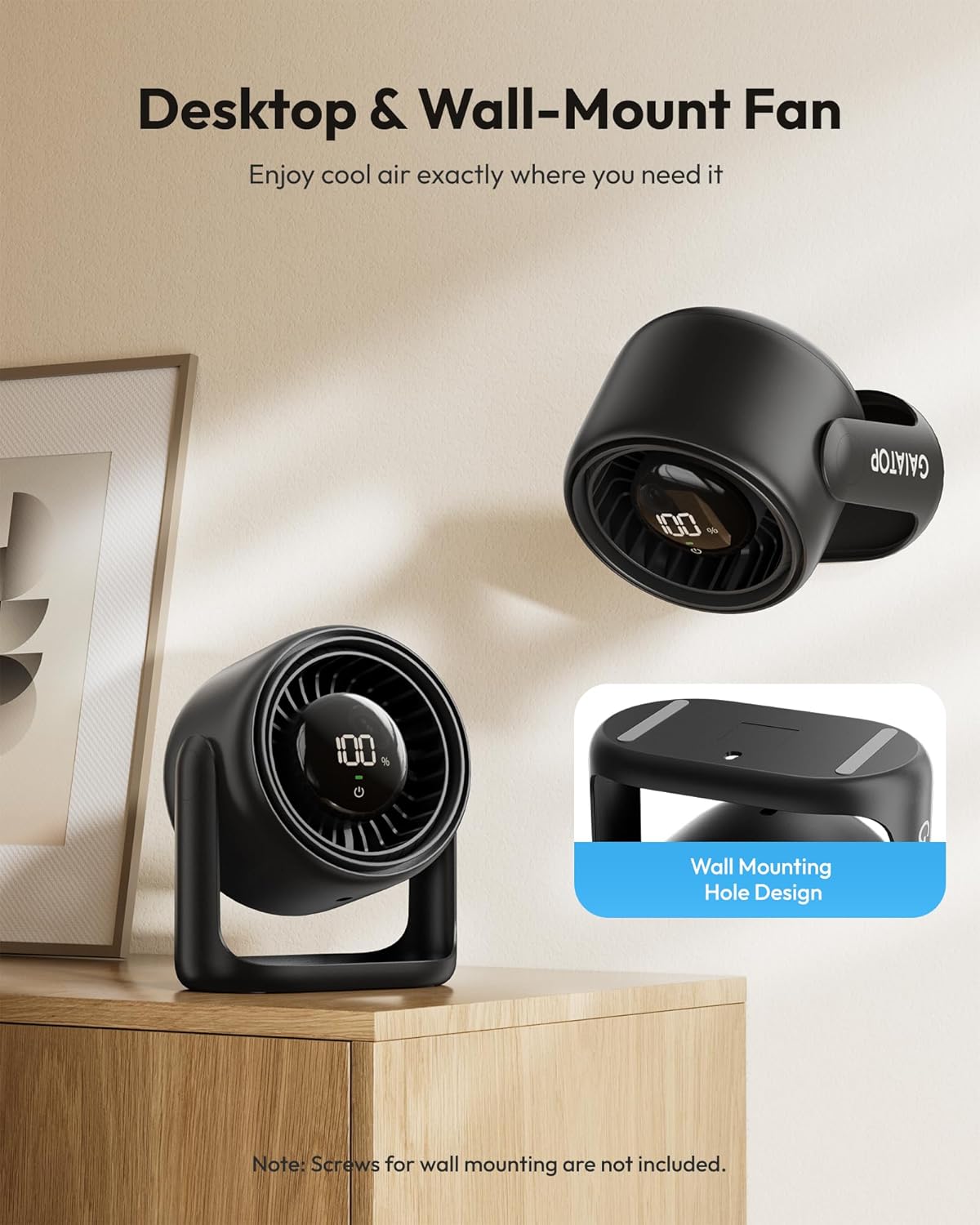 Gaiatop Desk Fan with Touch Control, 4000mAh Battery, 5 Speeds Ultra Quiet Bedroom Fan with LED Display, 90° Tilt, 7.7 Inch USB-C Rechargeable Desktop Fan for Dorm Office Room Home Office, Black