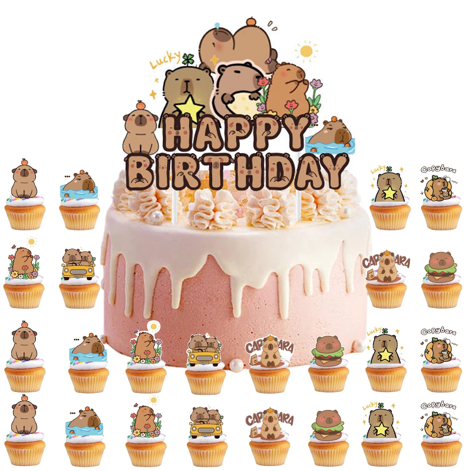 FOSDICK 25Pcs Capybara Cake Decorations Set, 1pcs Happy Birthday Cake Topper, 24pcs Cupcake Toppers, Capybara Cake Topper, Birthday Toppers for Cakes for Girls Boys Baby Shower Party Supplies