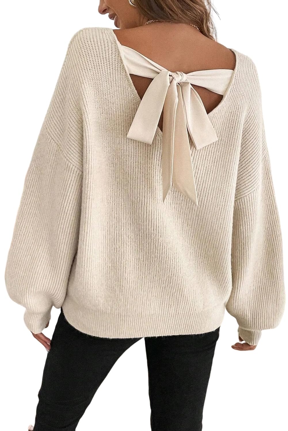 Wolddress Womens Casual Pullovers Red Dahlia Ribbed Knit Ribbon Knot Backless Drop Shoulder Sweater