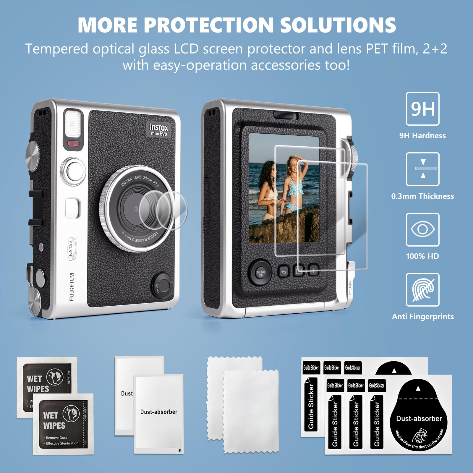 Funda Transparente y Accesorios para Fujifilm Instax Mini EVO, Estuche para Instax Mini EVO, Tapa de Lente, Protector de Pantalla, Marcos Magnéticos y Pegatinas