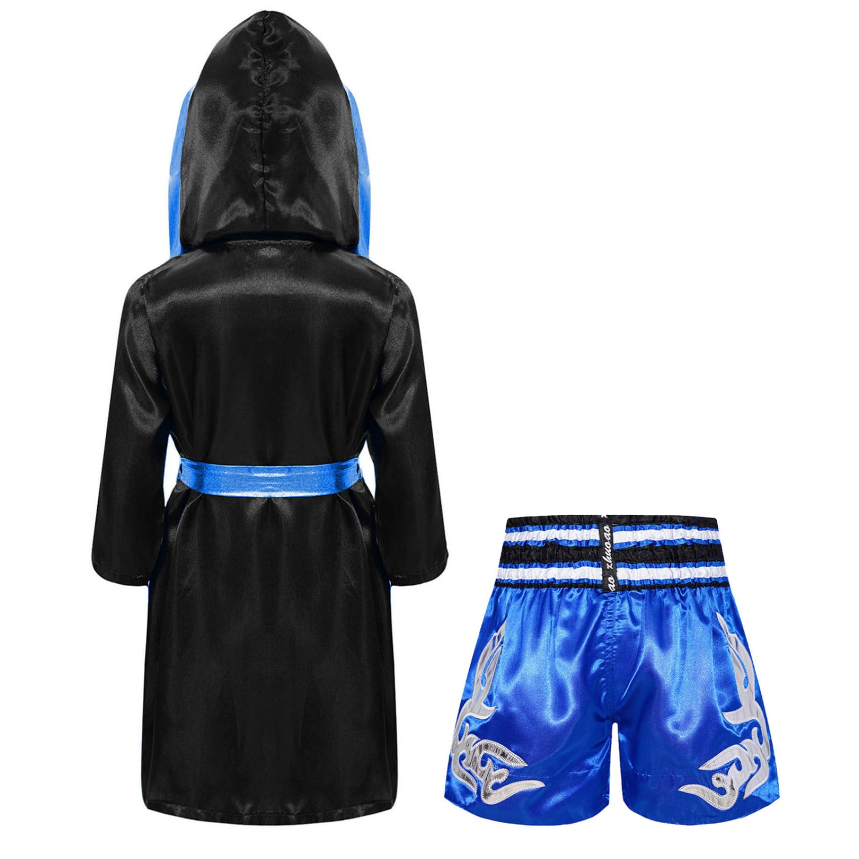 Kickboxer, costume da kickboxer, in raso, con pantaloncini, cintura, accappatoio con cappuccio, vestaglia da boxe