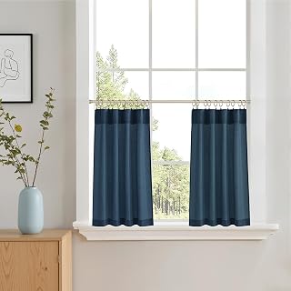 NICETOWN Navy Blue Linen Short Curtains 30 Inch Length for Kitchen Bedroom | Back Tab Pocket Farmhouse Small Light Filtering Sheer Window Covering Tiers for Kitchen Cabinet, 34 W x 30 L, 1 Pair