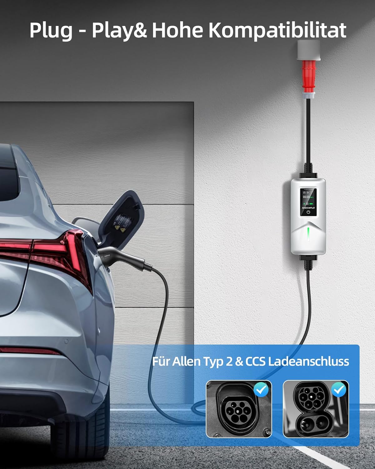 An electric car connected to the ShockFlo EV charger, with insets showing Type 2 and CCS charging port compatibility, indicating 'Plug - Play & High Compatibility'.