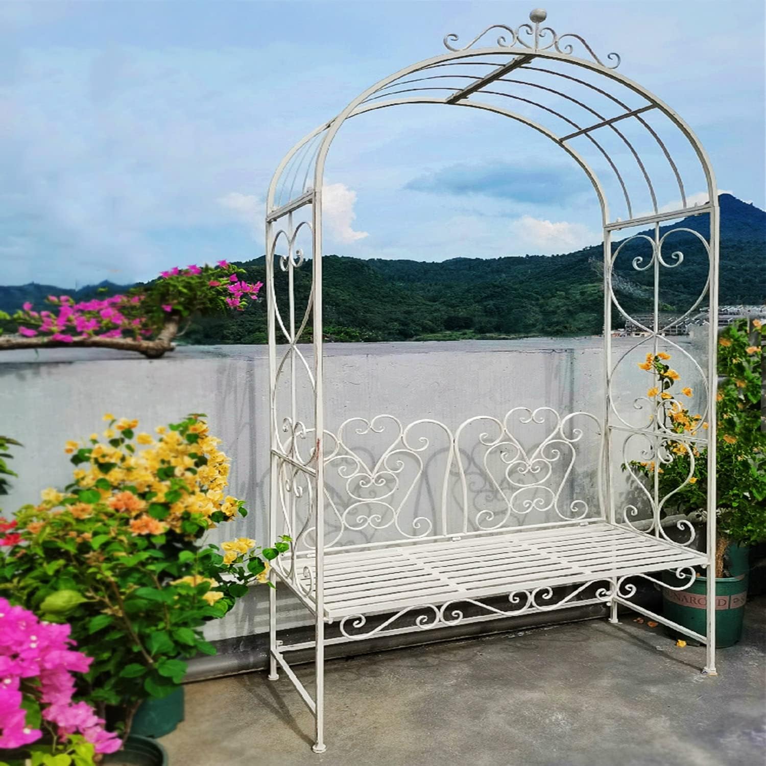 Garden Arch Arbour with Seating, Archway Trellis Pergola, Rose Arbor Support Rack Iron Arch Frame for Various Climbing Plant, Elegant Decorations 118cmx47cmx228cm, White