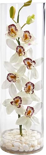 Nearly Natural Arreglo artificial de orquídea Cymbidium en jarrón cilíndrico alto